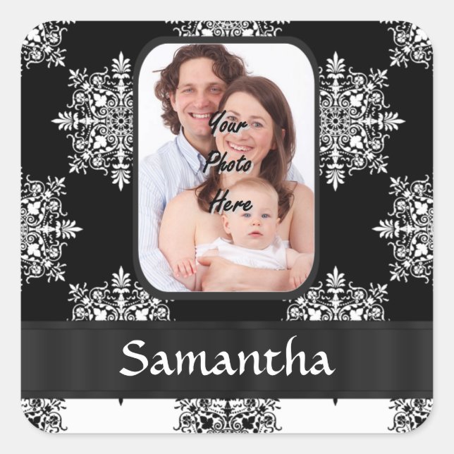 Black and white damask square sticker (Front)