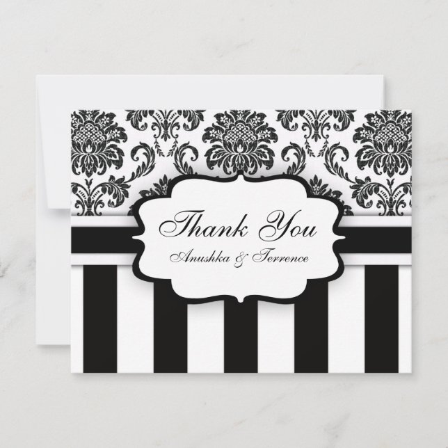 Black and White Damask Stripe Wedding Thank You Card (Front)