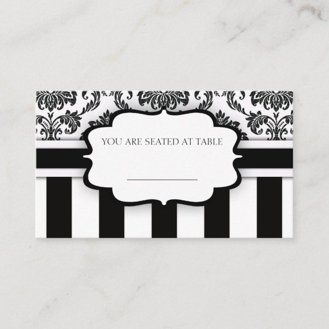 Black and White Damask Striped Wedding Placecards (Front)