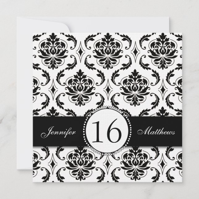 Black and White Damask Sweet Sixteen Invitations (Front)
