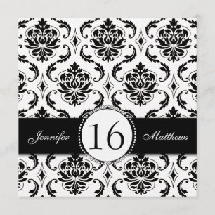Black and White Damask Sweet Sixteen Invitations