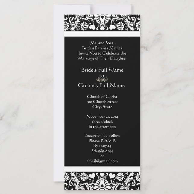Black and White Damask Swirls Wedding Invitation (Front)