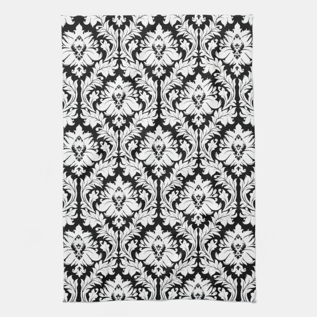 Black and white Damask Tea Towel (Vertical)