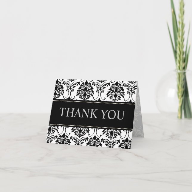 Black and White Damask Thank You Note Cards (Front)