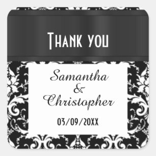 Black and white damask thank you square sticker