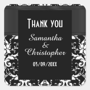 Black and white damask thank you square sticker