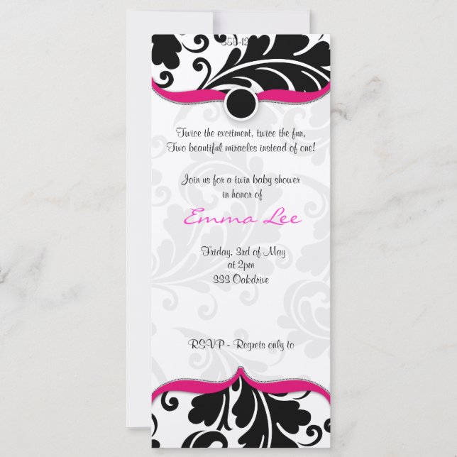 Black and white  Damask Twin babyshower with pink Invitation (Front)