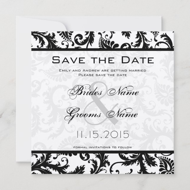 Black and White Damask Victorian  Wedding Save The Date (Front)