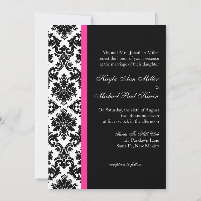 Black and White Damask Wedding Invitation (Front)