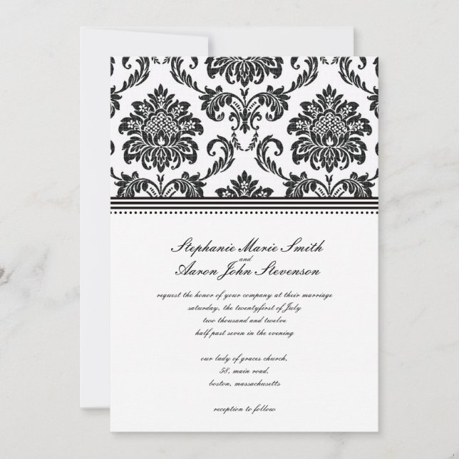 Black and White Damask Wedding Invitation (Front)