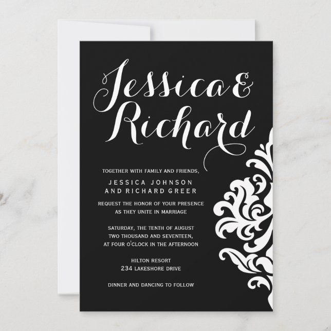 Black and White Damask Wedding Invitations (Front)