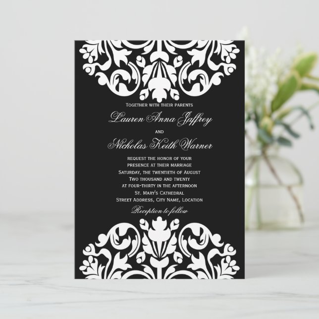 Black and White Damask Wedding Invitations (Standing Front)