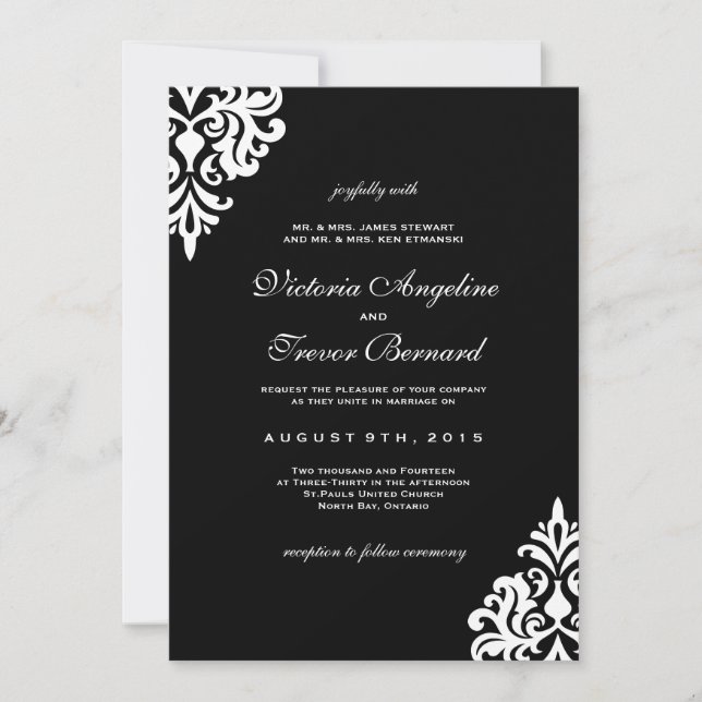 Black and White Damask Wedding Invitations (Front)