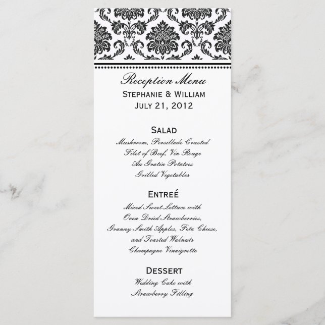 Black and White Damask Wedding Menu Rack Card (Front)
