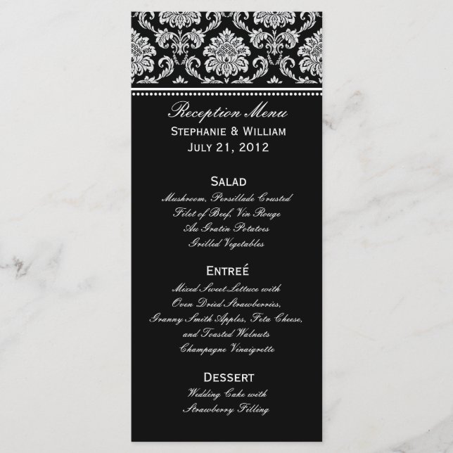 Black and White Damask Wedding Menu Rack Card (Front)