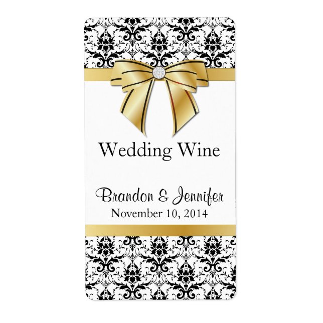 Black and White Damask Wedding Mini Wine Labels (Front)