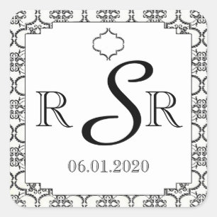 Black and White Damask Wedding Monogram Square Sticker