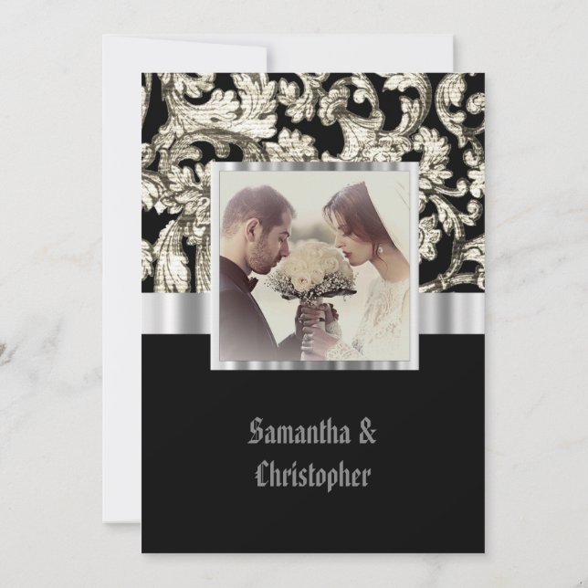 Black and white damask wedding photo invitation (Back)