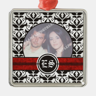 Black and white damask wedding photo ornament