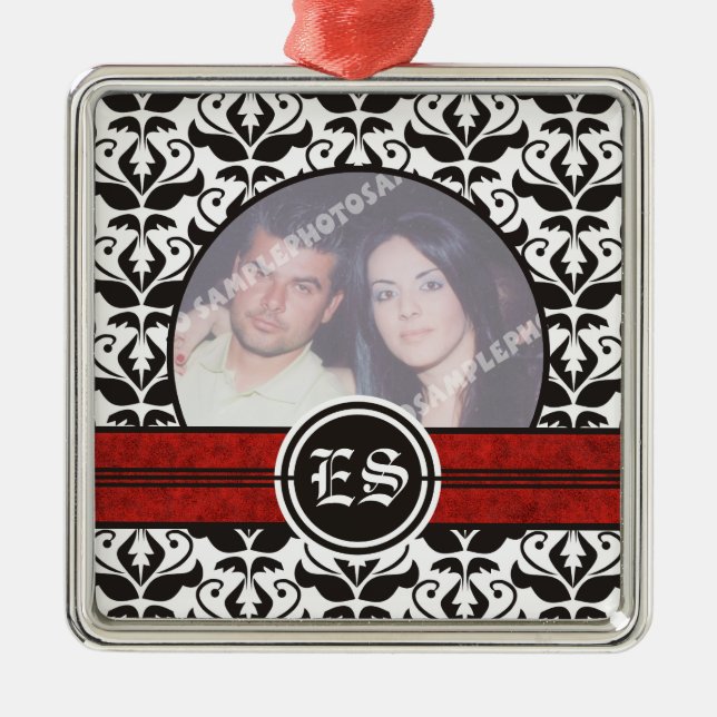 Black and white damask wedding photo ornament (Front)