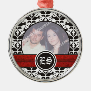 Black and white damask wedding photo ornament