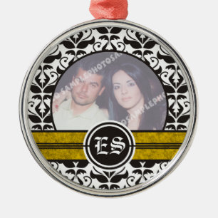 Black and white damask wedding photo ornament
