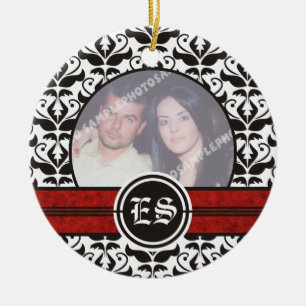 Black and white damask wedding photo ornament