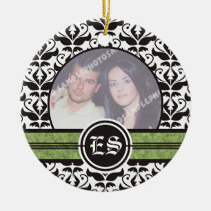 Black and white damask wedding photo ornament