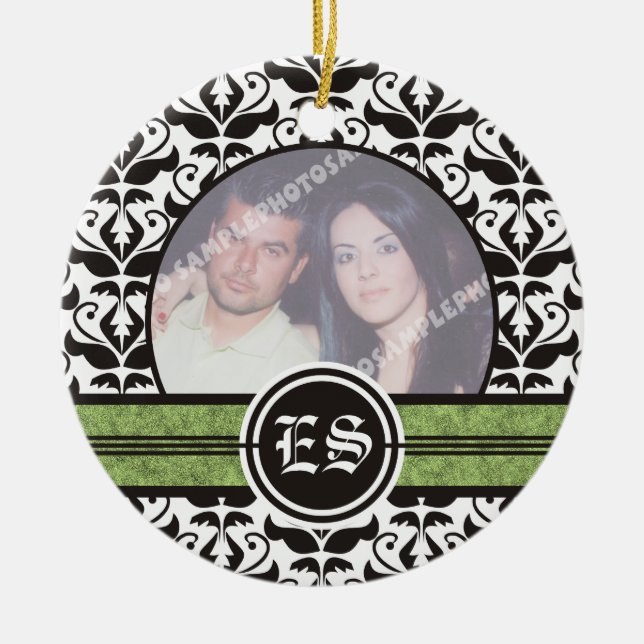 Black and white damask wedding photo ornament (Front)