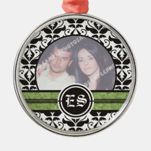 Black and white damask wedding photo ornament