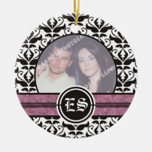 Black and white damask wedding photo ornament