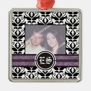 Black and white damask wedding photo ornament