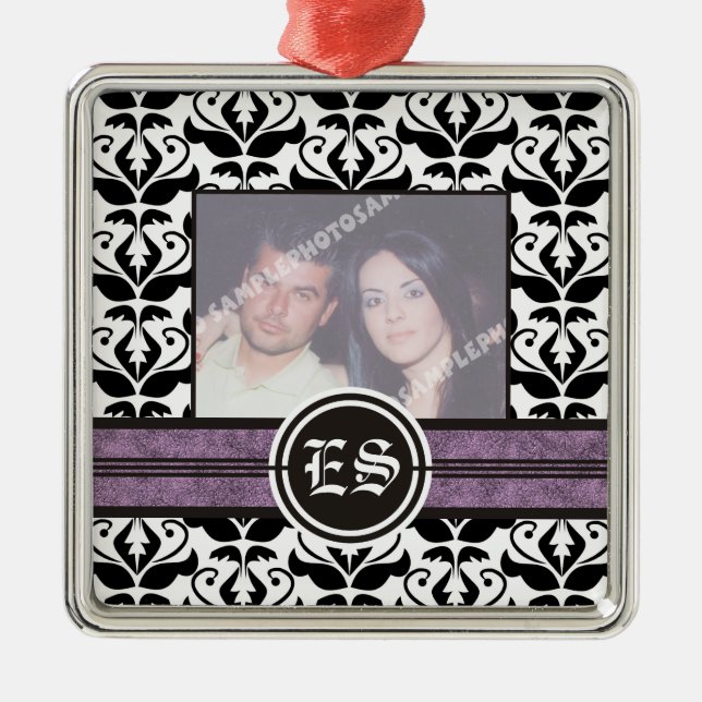 Black and white damask wedding photo ornament (Front)