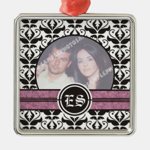 Black and white damask wedding photo ornament
