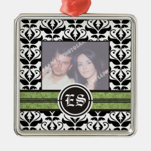Black and white damask wedding photo ornament