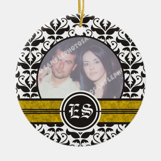 Black and white damask wedding photo ornament (Front)
