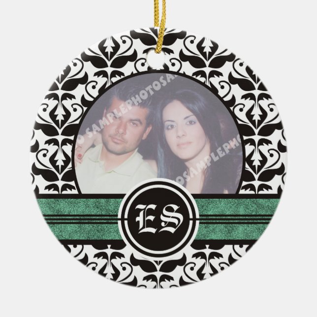 Black and white damask wedding photo ornament (Front)