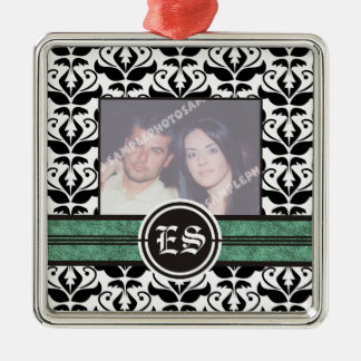 Black and white damask wedding photo ornament