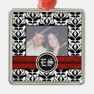 Black and white damask wedding photo ornament