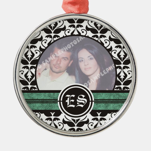 Black and white damask wedding photo ornament (Front)