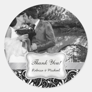 Black and White Damask Wedding Photo Thank You Classic Round Sticker