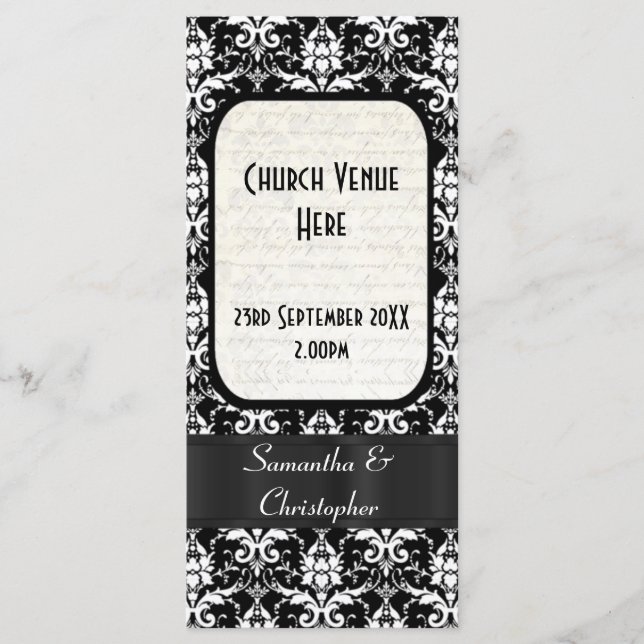Black and white damask wedding program programme (Front)