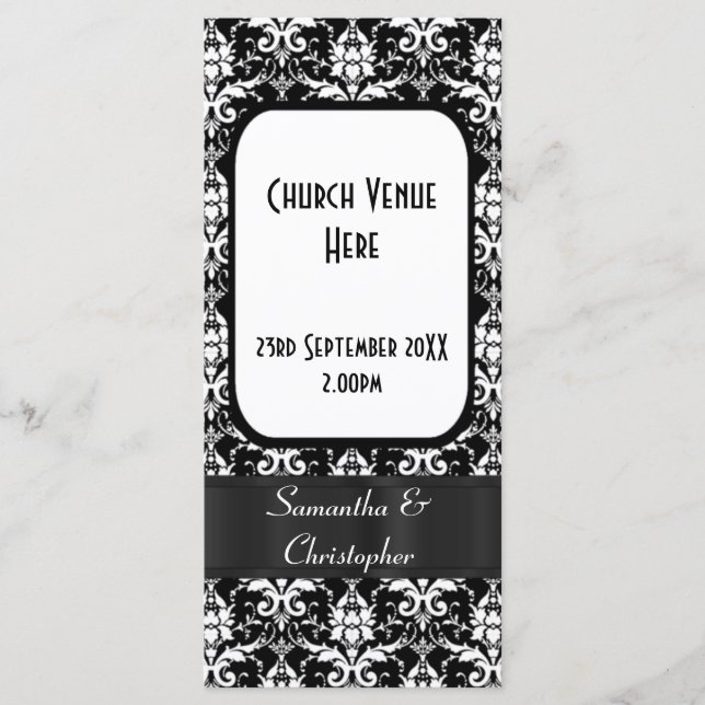 Black and white damask wedding program programme (Front)