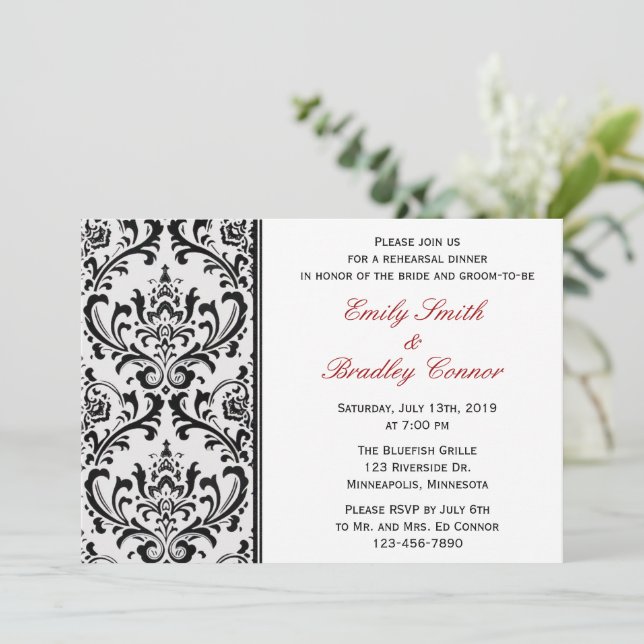 Black and White Damask Wedding Rehearsal Dinner Invitation (Standing Front)