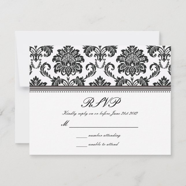 Black and White Damask Wedding RSVP Card (Front)