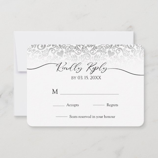 Black and White Damask Wedding RSVP Response Card (Front)