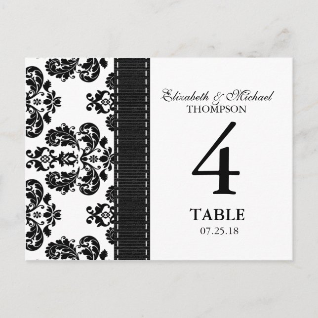 Black and White Damask Wedding Table Number Card (Front)