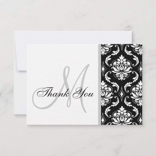 Black and White Damask Wedding Thank You Card (Front)