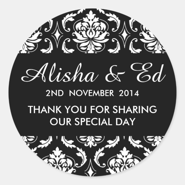 Black and White Damask Wedding Thank You Label (Front)
