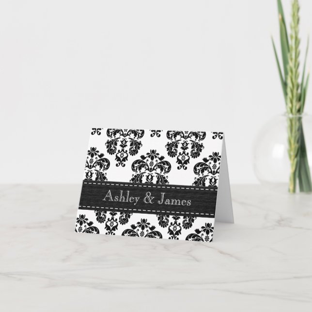 Black and White Damask Wedding Thank You Note Card (Front)